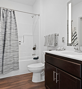 the bathroom with a shower, toilet and sink